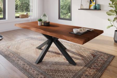 Esstisch 220 x 100 cm Akazie massiv nussbaum Baumkantentisch Spider-Gestell schwarz ATLAS