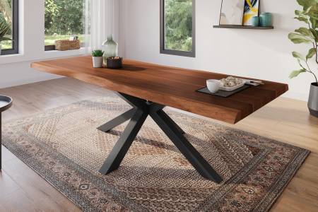 Esstisch 280 x 100 cm Akazie massiv nussbaum Baumkantentisch Spider-Gestell schwarz ATLAS