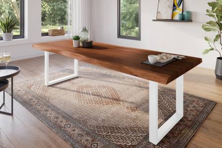 Esstisch 280 x 100 cm Akazie massiv nussbaum Baumkantentisch U-Gestell weiß ATLAS