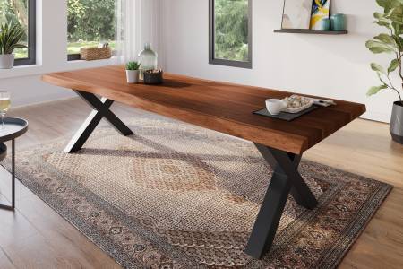 Esstisch 260 x 100 cm Akazie massiv nussbaum Baumkantentisch X-Gestell schwarz ATLAS