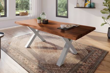 Esstisch 220 x 100 cm Akazie massiv nussbaum Baumkantentisch X-Gestell silber ATLAS