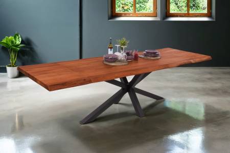 Esstisch mit Ansteckplatten 220(320)x100 cm Baumkante Akazie nussbaum Spider-Gestell schwarz CALI