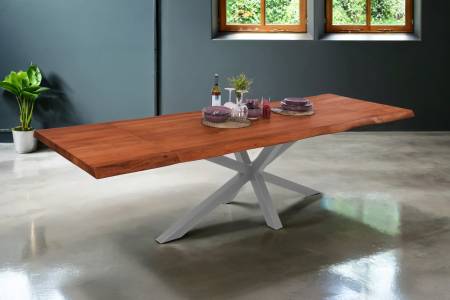 Esstisch mit Ansteckplatten 180(280)x90 cm Baumkante Akazie nussbaum Spider-Gestell silber CALI