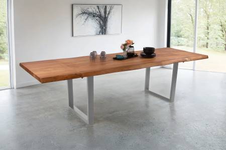 Esstisch mit Ansteckplatten 160(260)x90 cm Baumkante Akazie natur U-Gestell silber CALI