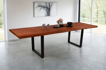 Esstisch mit Ansteckplatten 220(320)x100 cm Baumkante Akazie nussbaum U-Gestell schwarz CALI