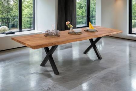 Esstisch mit Ansteckplatten 160(260)x90 cm Baumkante Akazie natur X-Gestell schwarz CALI
