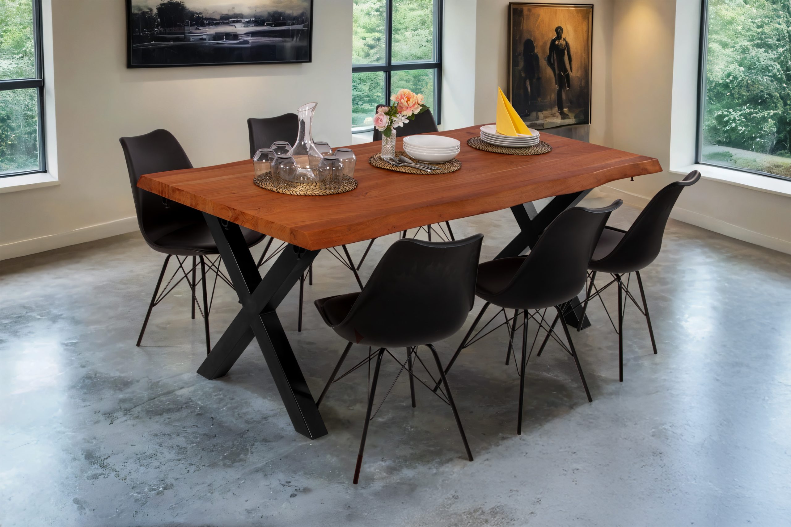 Esstisch mit Ansteckplatten 140(220)x90 cm Baumkante Akazie nussbaum X-Gestell schwarz CALI – Bild 4