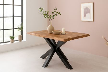 Esstisch Baumkante Akazie massiv 50mm Natur 160 x 85 cm Spider-Gestell schwarz CALI