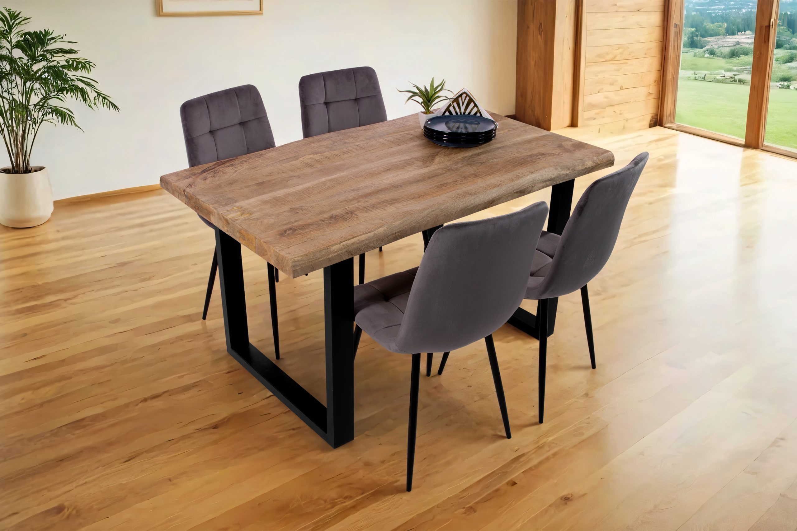 Esstisch Baumkante 160 x 85 cm Mangoholz Rough U-Gestell schwarz CALI – Bild 7