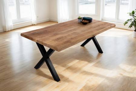 Esstisch Baumkante 180 x 90 cm Mangoholz Rough X-Gestell schwarz CALI