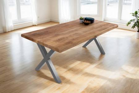 Esstisch Baumkante 180 x 90 cm Mangoholz Rough X-Gestell silber CALI