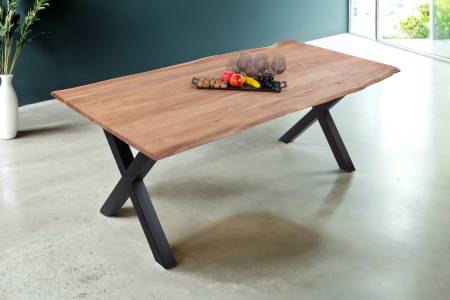 Esstisch Baumkante Akazie massiv eichenfarben 220 x 100 cm X-Gestell schwarz DEREK