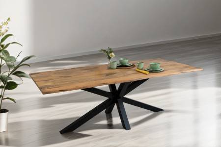 Baumkantentisch Mangoholz Esstisch Vintage-Optik 200 x 100 cm Spider-Gestell schwarz TIGER