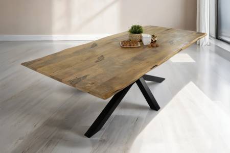 Baumkantentisch Mangoholz Esstisch Vintage-Optik 220 x 100 cm Spider-Gestell schwarz TIGER