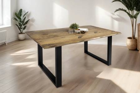 Baumkantentisch Mangoholz Esstisch Vintage-Optik 180 x 90 cm U-Gestell schwarz TIGER