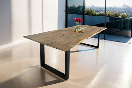 Baumkantentisch Mangoholz Esstisch Vintage-Optik 200 x 100 cm U-Gestell schwarz TIGER
