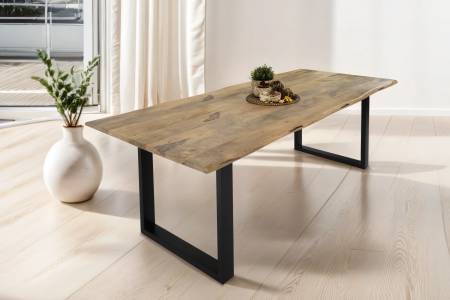 Baumkantentisch Mangoholz Esstisch Vintage-Optik 240 x 100 cm U-Gestell schwarz TIGER
