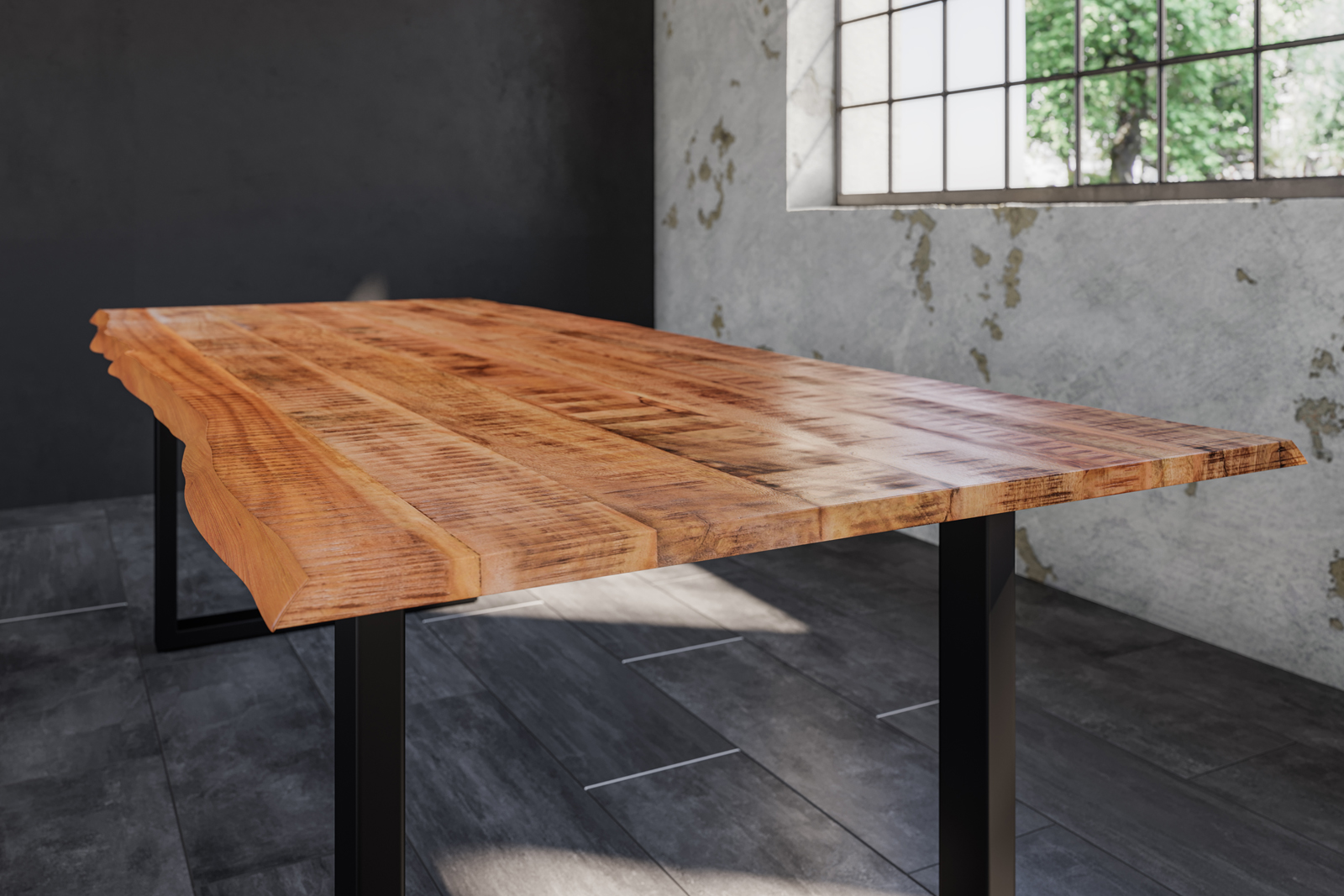 Baumkantentisch Esstisch Mangoholz massiv U-Gestell schwarz 240 x 100 cm DORA – Bild 4