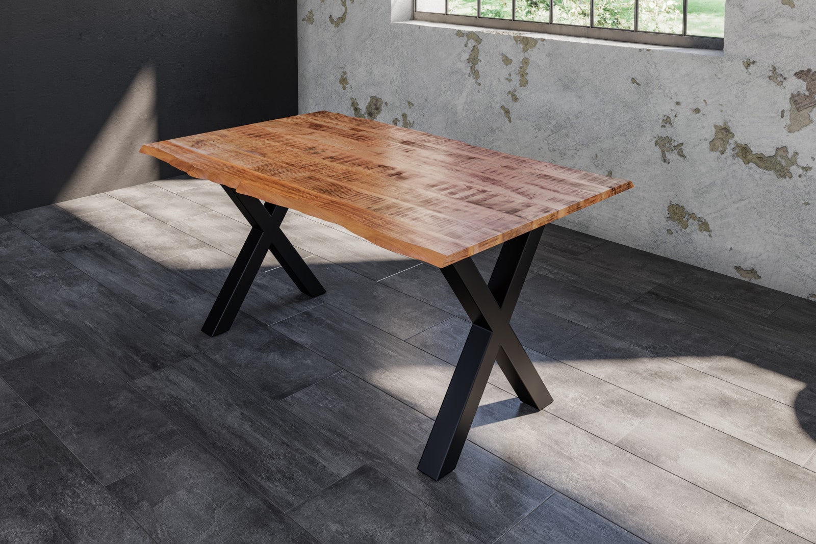 Baumkantentisch Esstisch Mangoholz massiv X-Gestell schwarz 120 x 80 cm DORA
