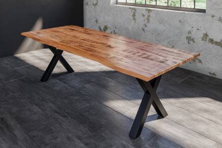 Baumkantentisch Esstisch Mangoholz massiv X-Gestell schwarz 200 x 100 cm DORA