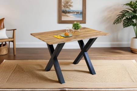 Baumkantentisch Mangoholz Esstisch Vintage-Optik 120 x 80 cm X-Gestell schwarz TIGER