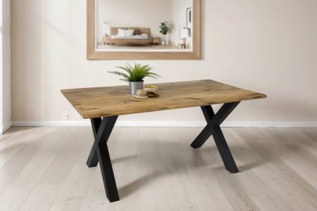 Baumkantentisch Mangoholz Esstisch Vintage-Optik 180 x 90 cm X-Gestell schwarz TIGER