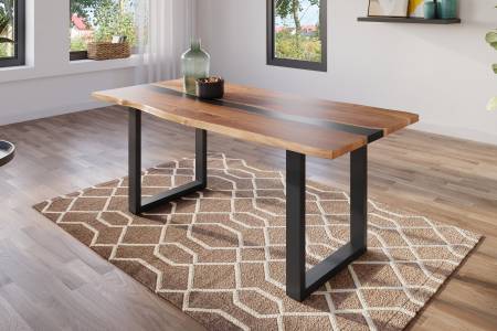 Esstisch 180x90 cm Akazie natur & Epoxidharz-Ader in Schwarz U-Gestell Epoxy