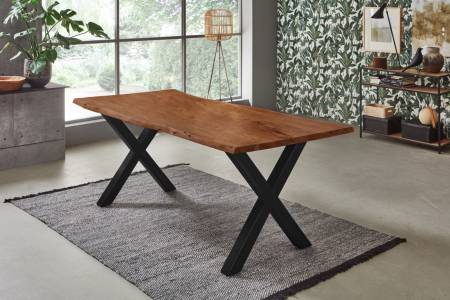 Esstisch Baumkante massiv Akazie nussbaum 160 x 85 X-Gestell Schwarz FREDERIK
