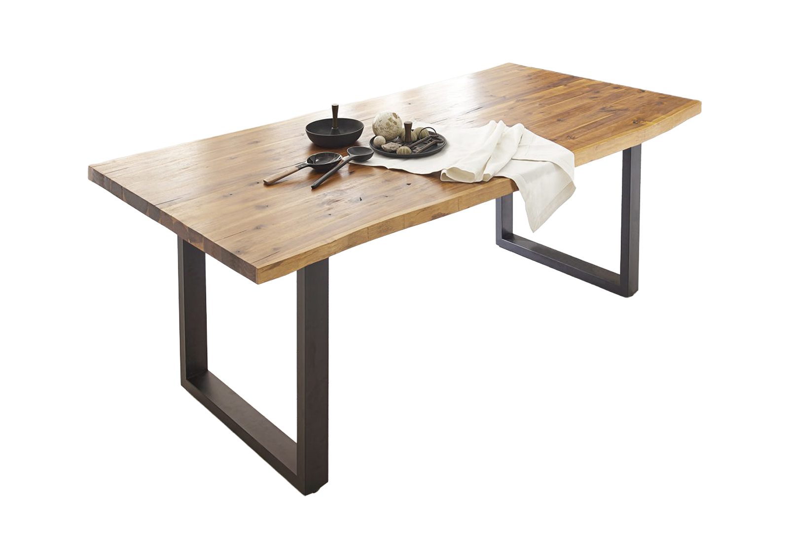 Esstisch Baumkante 200 x 100 cm Akazie massiv Natur lackiert U-Gestell schwarz HARLEY – Bild 2