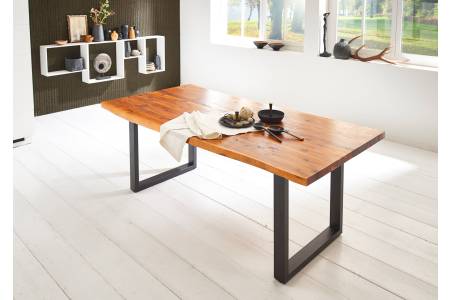 Esstisch 200 x 100 cm Baumkante massiv Akazie cognac U-Gestell schwarz IMKER