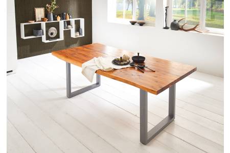Esstisch 200 x 100 cm Baumkante massiv Akazie cognac U-Gestell silber IMKER