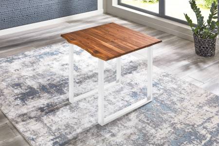 Esstisch Baumkante 80 x 80 cm Akazie cognac massiv U-Gestell weiß ESRA