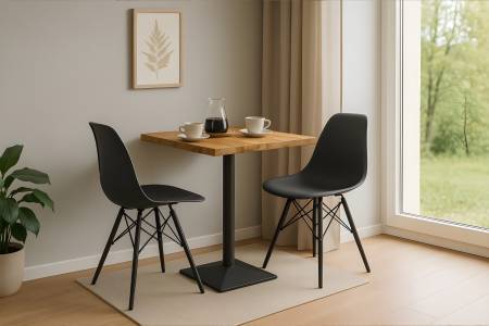 Tischgruppe 3tlg. Bistrotisch 60 x 60 cm Baumkante massiv Mangoholz natur Säulengestell schwarz INES