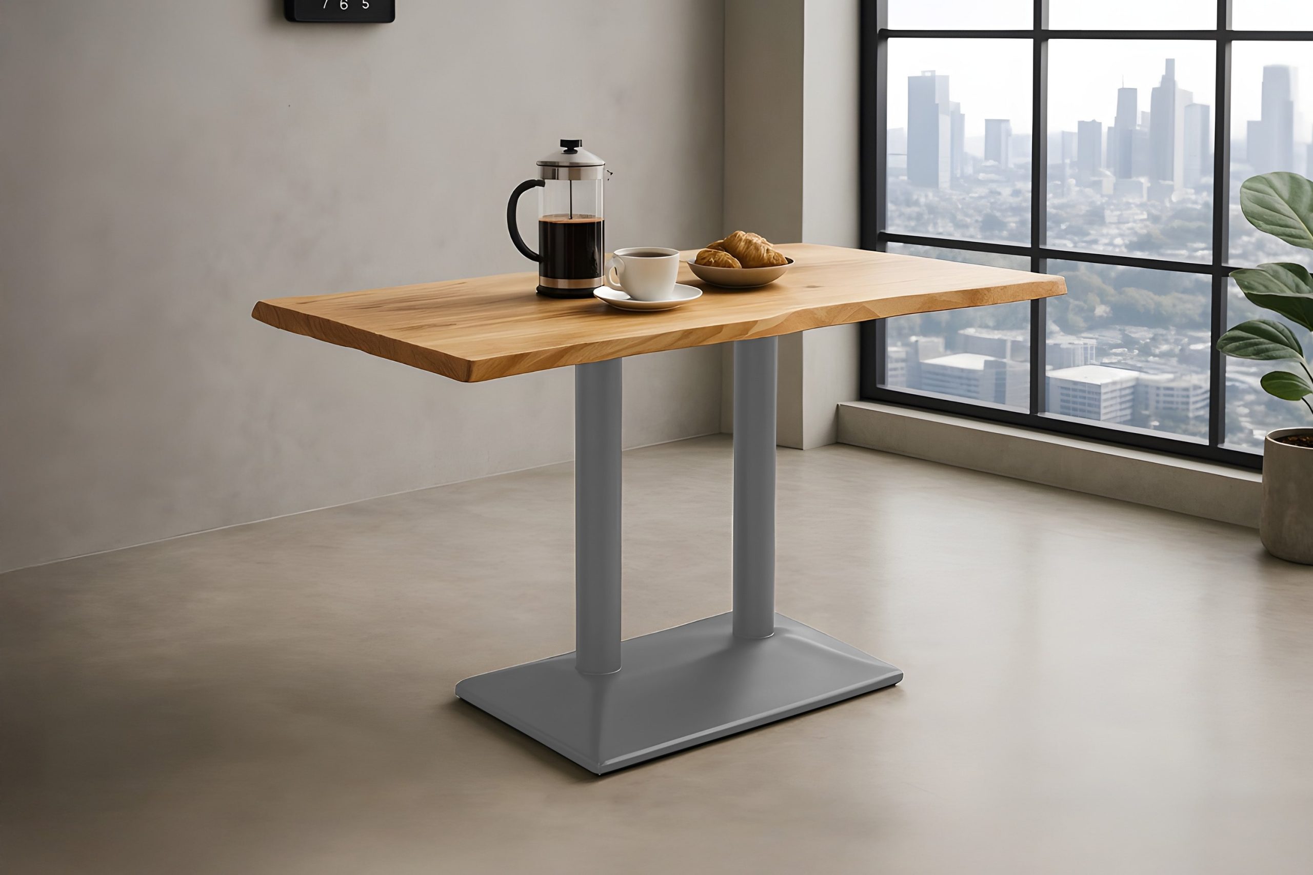 Bistrotisch Baumkante massiv Akazie natur 120 x 60 cm Mittellfuß Silber ISLA