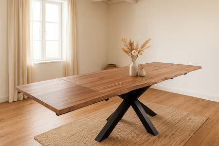 Esstisch Baumkante 220(320)x100 cm mit Ansteckplatten Akazie stone massiv Spider-Gestell schwarz JANOSH