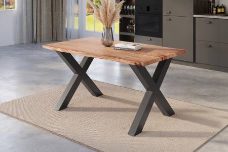 Esstisch Baumkante 120 x 80 cm Akazie natur massiv X-Gestell schwarz NICK