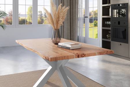 Esstisch Baumkante 140 x 80 cm Akazie natur massiv Spider-Gestell silber KALEA