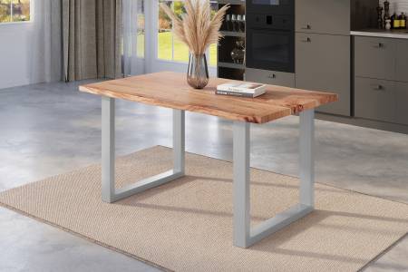 Esstisch Baumkante 140 x 80 cm Akazie natur massiv U-Gestell silber NICK