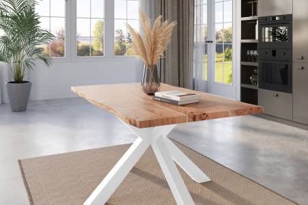 Esstisch Baumkante 140 x 80 cm Akazie natur massiv Spider-Gestell weiß KALEA