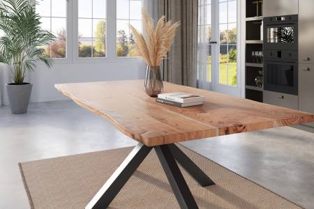 Esstisch Baumkante 180 x 90 cm Akazie natur massiv Spider-Gestell schwarz KALEA