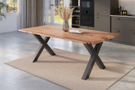 Esstisch Baumkante 180 x 90 cm Akazie natur massiv X-Gestell schwarz NICK