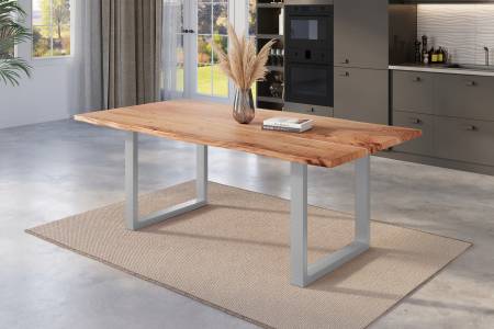 Esstisch Baumkante 180 x 90 cm Akazie natur massiv U-Gestell silber NICK