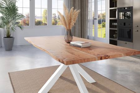 Esstisch Baumkante 180 x 90 cm Akazie natur massiv Spider-Gestell weiß KALEA