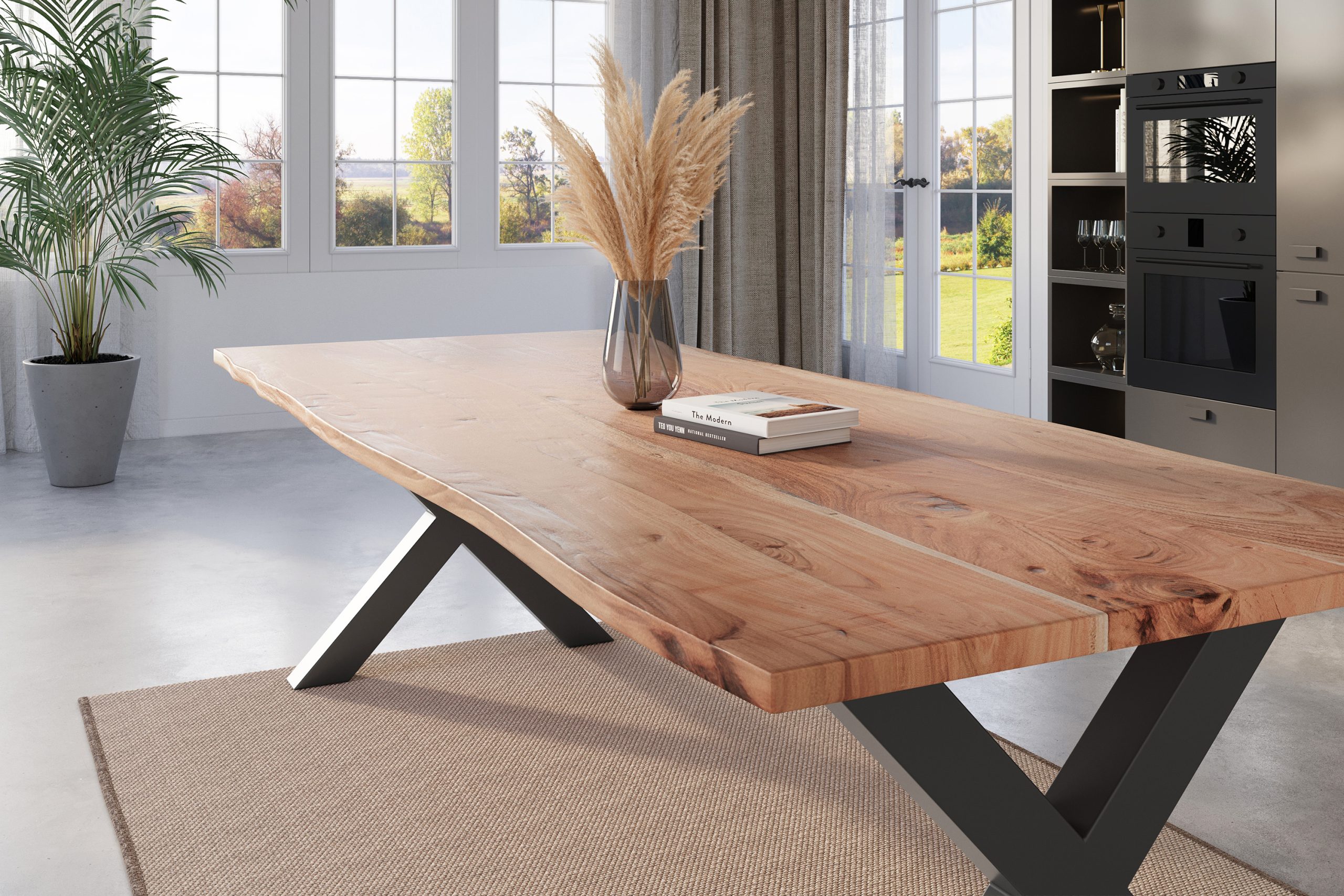 Esstisch Baumkante 240 x 100 cm Akazie natur massiv X-Gestell schwarz NICK – Bild 5