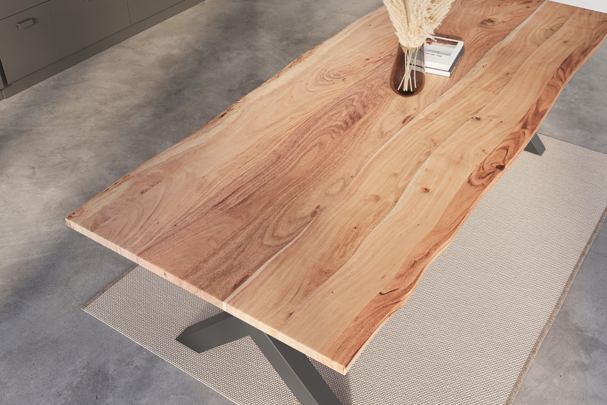 Esstisch Baumkante 260 x 100 cm Akazie natur massiv X-Gestell schwarz NICK – Bild 6