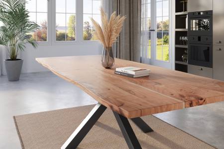 Esstisch Baumkante 280 x 100 cm Akazie natur massiv Spider-Gestell schwarz KALEA