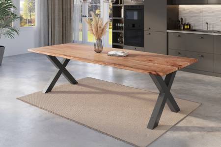 Esstisch Baumkante 300 x 100 cm Akazie natur massiv X-Gestell schwarz NICK