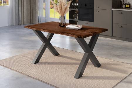 Esstisch Baumkante 160 x 85 cm Akazie nussbaum massiv X-Gestell schwarz NICK