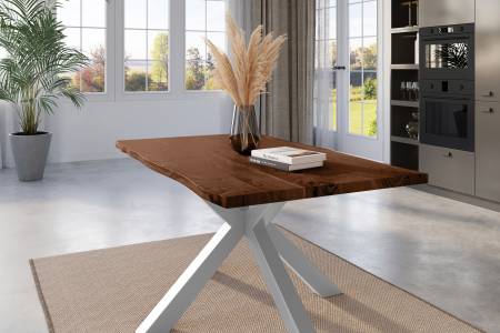 Esstisch Baumkante 140 x 80 cm Akazie nussbaum massiv Spider-Gestell silber KALEA