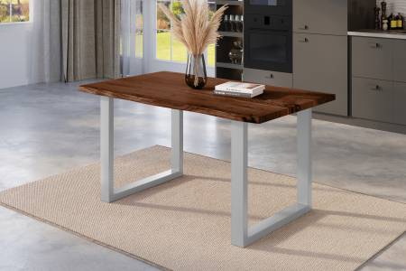 Esstisch Baumkante 140 x 80 cm Akazie nussbaum massiv U-Gestell silber NICK